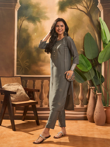 Grey Hand-Embroidered Straight Kurta Set