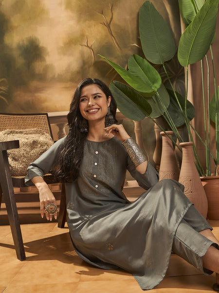 Grey Hand-Embroidered Straight Kurta Set