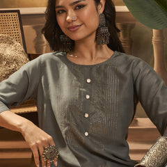 Grey Hand-Embroidered Straight Kurta Set