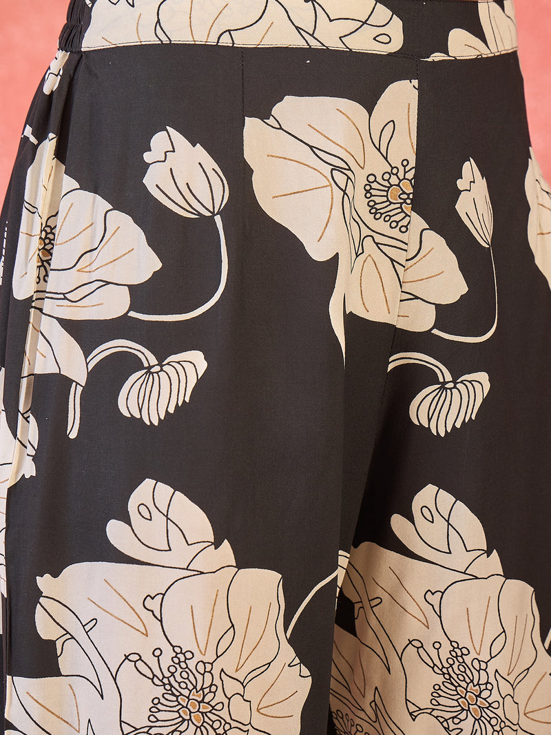 Black Floral Printed Lapel Collar A-Line Kurta With Trouser Kurta Set