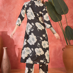 Black Floral Printed Lapel Collar A-Line Kurta With Trouser Kurta Set