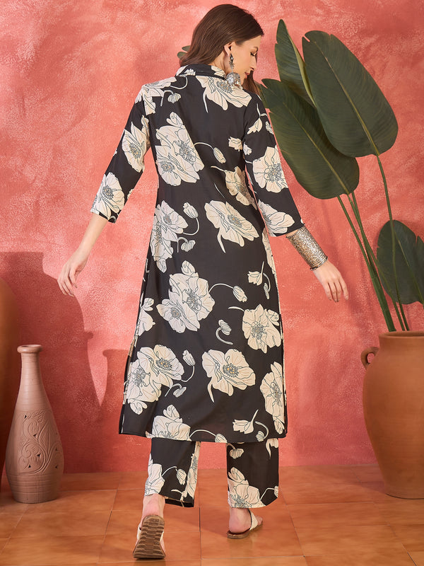 Black Floral Printed Lapel Collar A-Line Kurta With Trouser Kurta Set