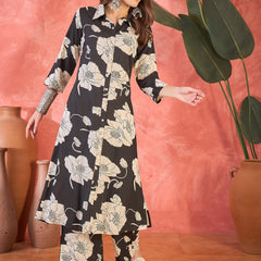 Black Floral Printed Lapel Collar A-Line Kurta With Trouser Kurta Set