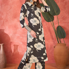 Black Floral Printed Lapel Collar A-Line Kurta With Trouser Kurta Set