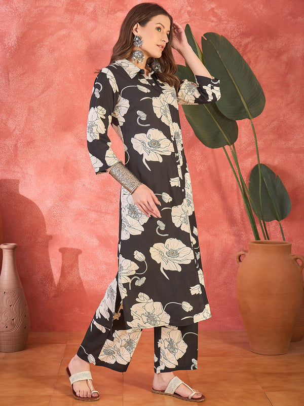 Black Floral Printed Lapel Collar A-Line Kurta With Trouser Kurta Set