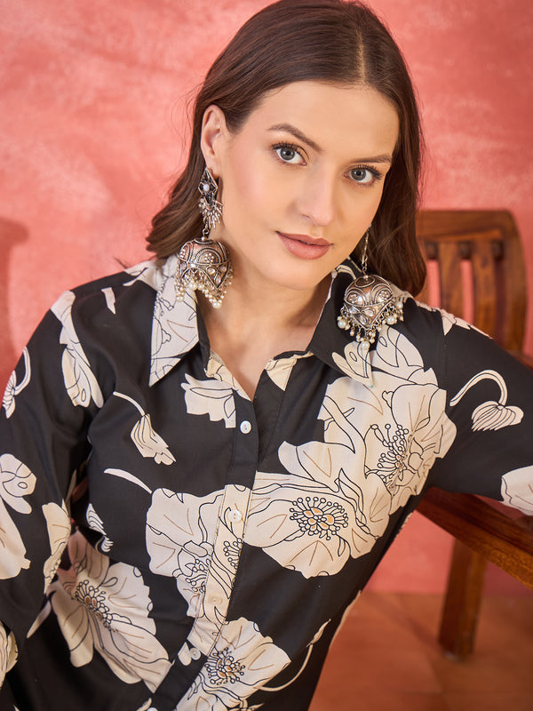 Black Floral Printed Lapel Collar A-Line Kurta With Trouser Kurta Set