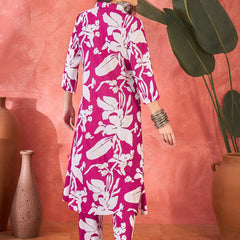 Fuchsia Floral Printed Lapel Collar A-Line Kurta With Trouser Kurta Set