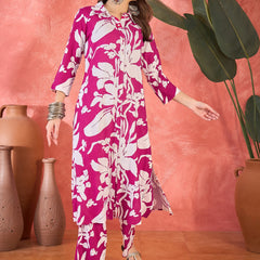 Fuchsia Floral Printed Lapel Collar A-Line Kurta With Trouser Kurta Set