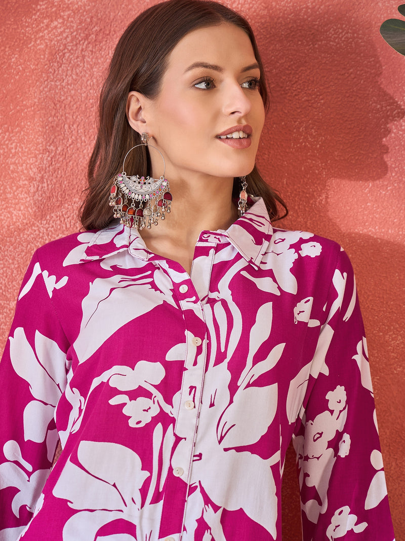 Fuchsia Floral Printed Lapel Collar A-Line Kurta With Trouser Kurta Set