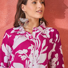 Fuchsia Floral Printed Lapel Collar A-Line Kurta With Trouser Kurta Set