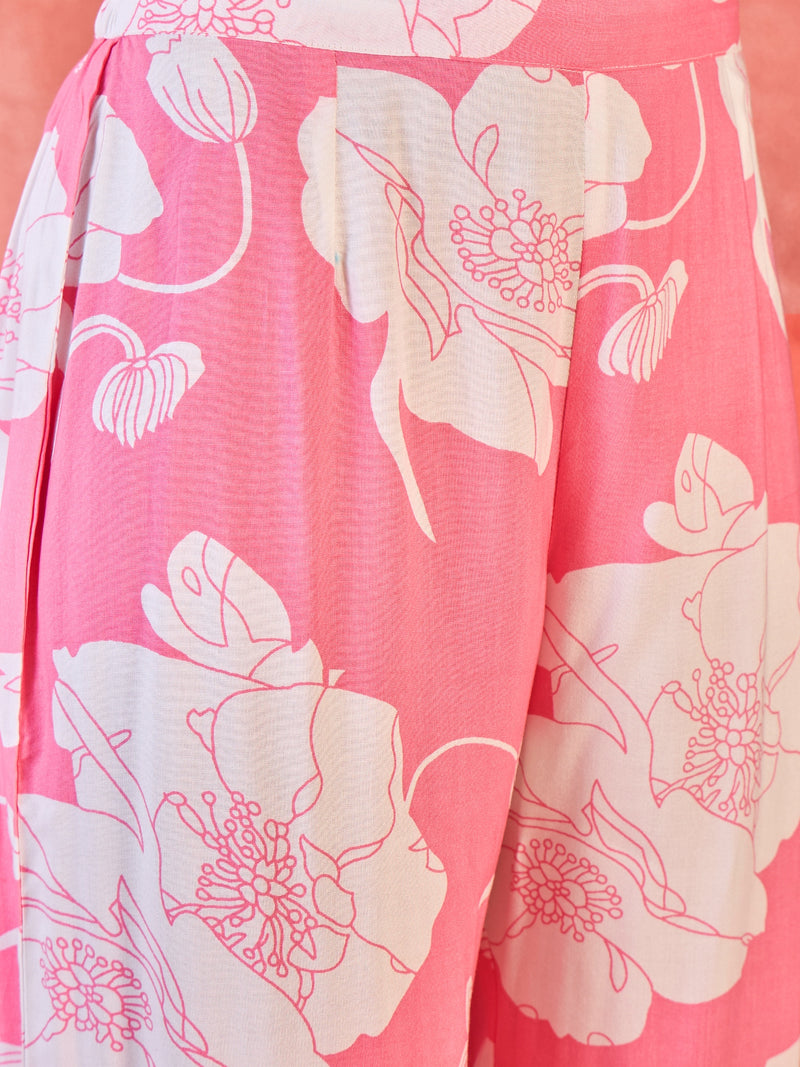 Pink Floral Printed Lapel Collar A-Line Kurta With Trouser Kurta Set