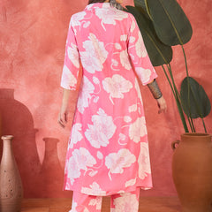 Pink Floral Printed Lapel Collar A-Line Kurta With Trouser Kurta Set
