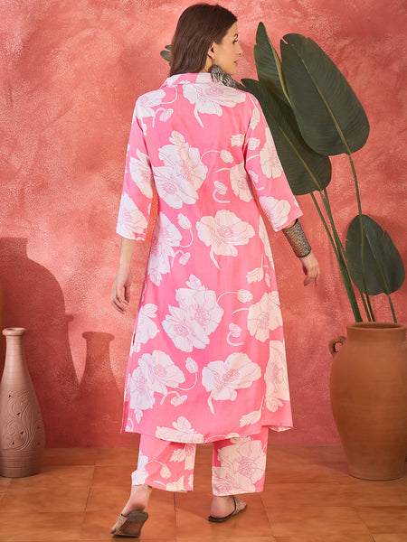 Pink Floral Printed Lapel Collar A-Line Kurta With Trouser Kurta Set