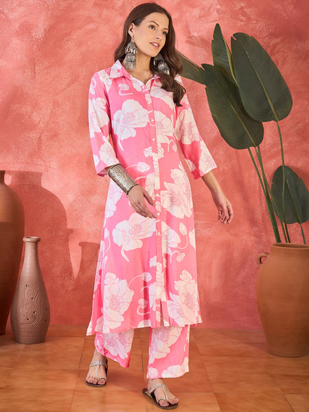 Pink Floral Printed Lapel Collar A-Line Kurta With Trouser Kurta Set