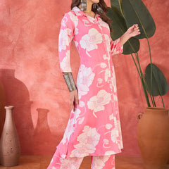 Pink Floral Printed Lapel Collar A-Line Kurta With Trouser Kurta Set