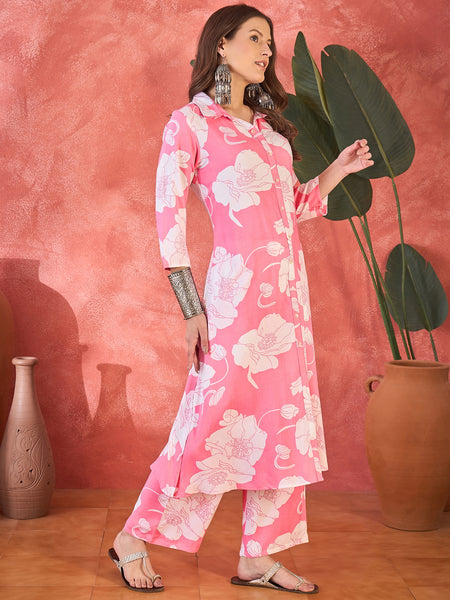 Pink Floral Printed Lapel Collar A-Line Kurta With Trouser Kurta Set