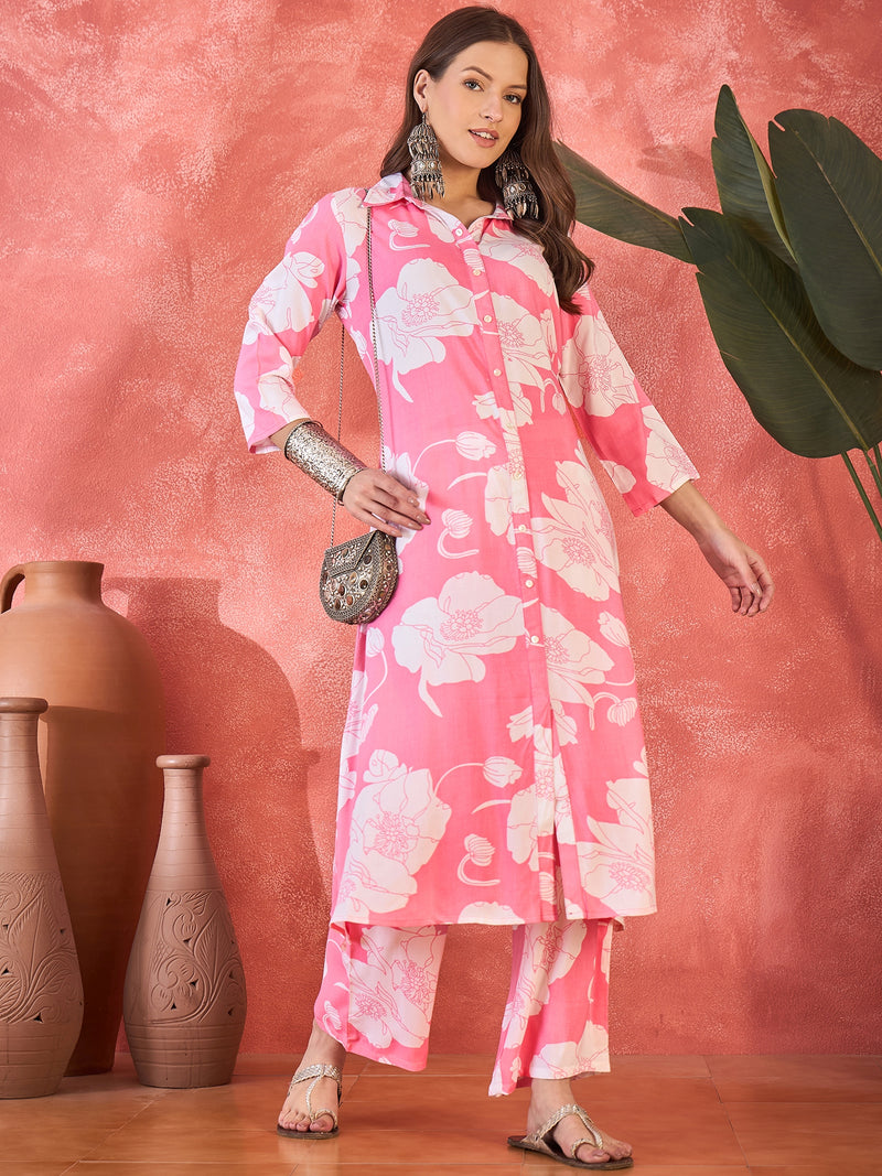 Pink Floral Printed Lapel Collar A-Line Kurta With Trouser Kurta Set
