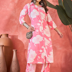 Pink Floral Printed Lapel Collar A-Line Kurta With Trouser Kurta Set