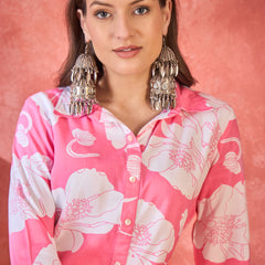 Pink Floral Printed Lapel Collar A-Line Kurta With Trouser Kurta Set