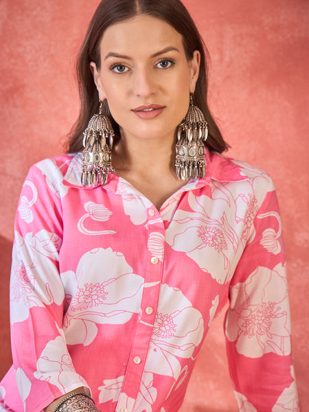 Pink Floral Printed Lapel Collar A-Line Kurta With Trouser Kurta Set