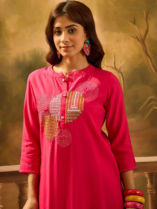 Teal Green Geometric Embroidered Straight Kurta With Trouser Kurta Set