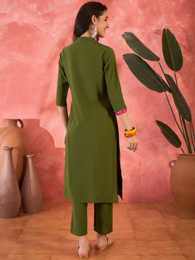 Green Geometric Embroidered Straight Kurta With Trouser  Kurta Set