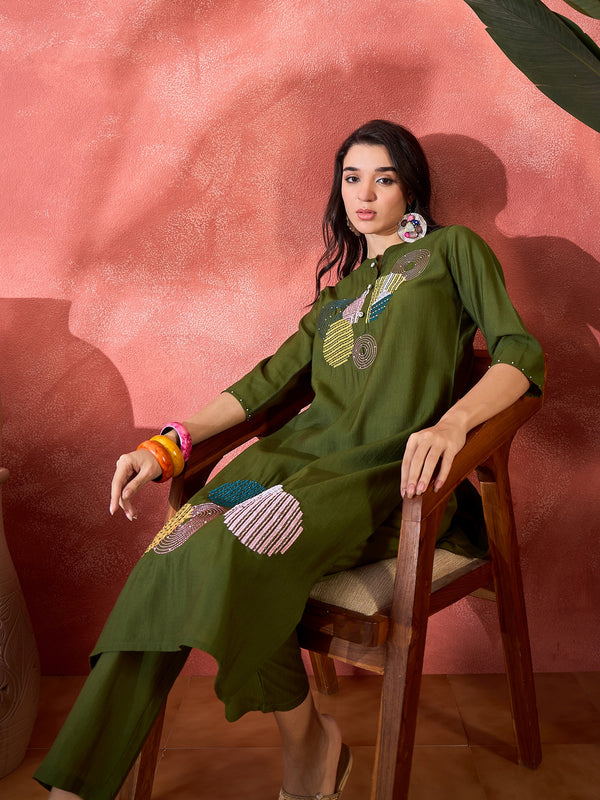 Teal Green Geometric Embroidered Straight Kurta With Trouser Kurta Set