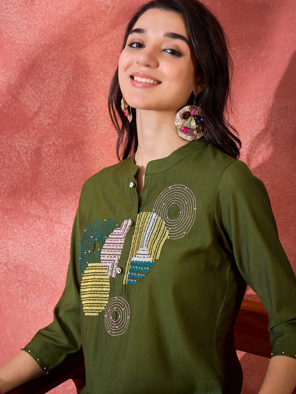 Teal Green Geometric Embroidered Straight Kurta With Trouser Kurta Set