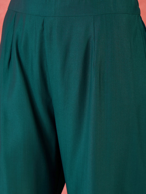 Teal Green Geometric Embroidered Straight Kurta With Trouser Kurta Set