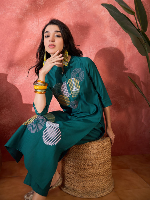 Teal Green Geometric Embroidered Straight Kurta With Trouser Kurta Set