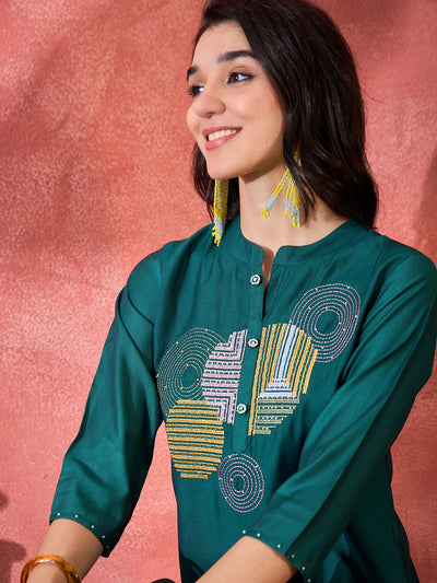 Teal Green Geometric Embroidered Straight Kurta With Trouser Kurta Set