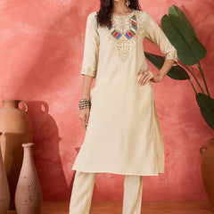Off-White Floral Embroidered Kurta With Trousers & Dupatta