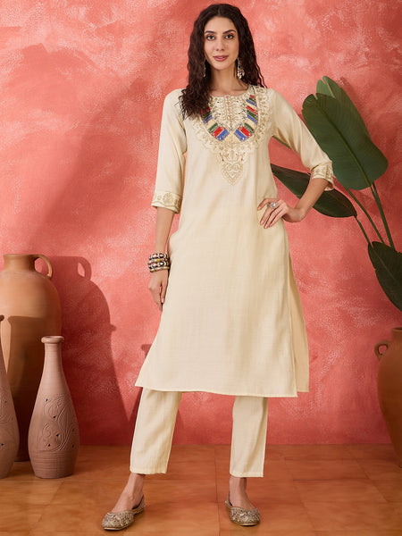 Off-White Floral Embroidered Kurta With Trousers & Dupatta