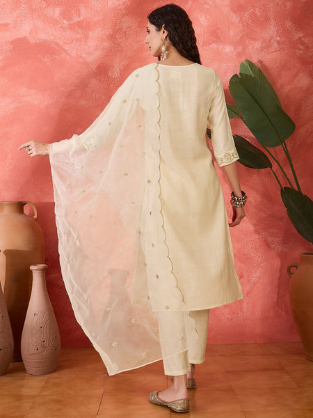 Off-White Floral Embroidered Kurta With Trousers & Dupatta