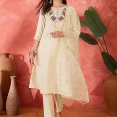 Off-White Floral Embroidered Kurta With Trousers & Dupatta