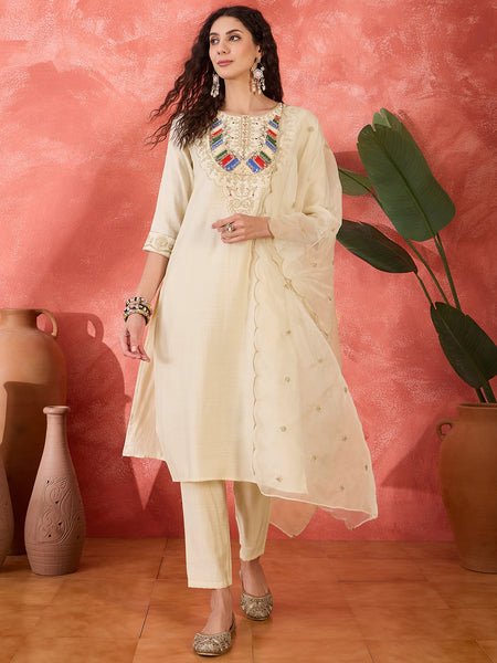 Off-White Floral Embroidered Kurta With Trousers & Dupatta
