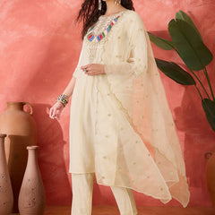Off-White Floral Embroidered Kurta With Trousers & Dupatta