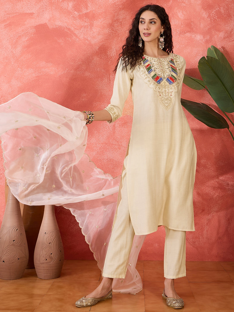 Off-White Floral Embroidered Kurta With Trousers & Dupatta