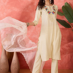 Off-White Floral Embroidered Kurta With Trousers & Dupatta