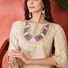 Off-White Floral Embroidered Kurta With Trousers & Dupatta