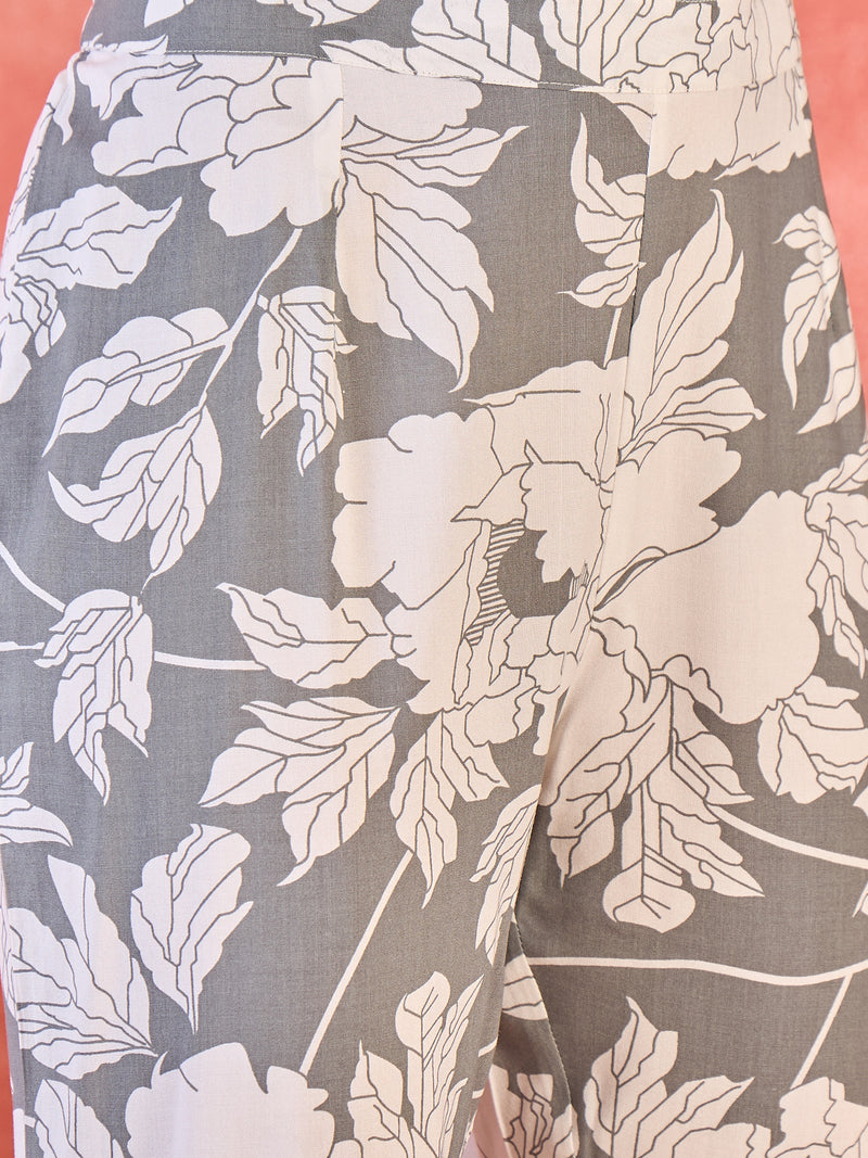 Grey Floral Printed  A-Line Kurta With Trouser Kurta Set