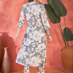 Grey Floral Printed  A-Line Kurta With Trouser Kurta Set