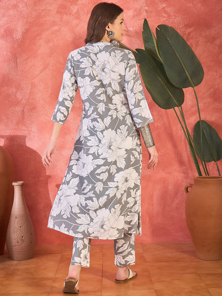 Grey Floral Printed  A-Line Kurta With Trouser Kurta Set
