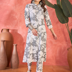Grey Floral Printed  A-Line Kurta With Trouser Kurta Set
