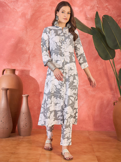 Grey Floral Printed  A-Line Kurta With Trouser Kurta Set