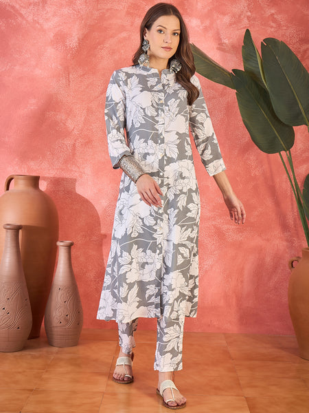 Grey Floral Printed  A-Line Kurta With Trouser Kurta Set