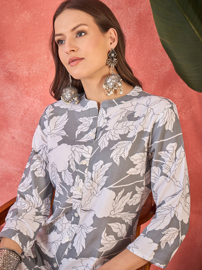 Grey Floral Printed  A-Line Kurta With Trouser Kurta Set