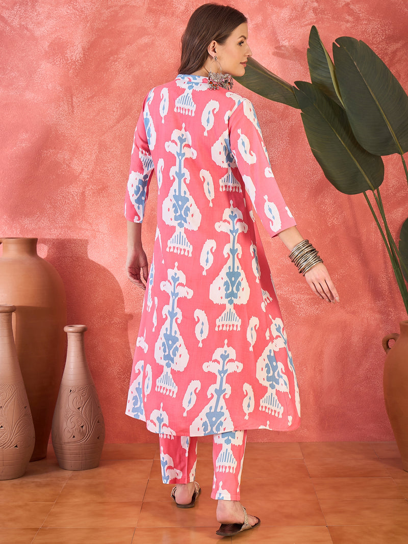 Pink Floral Printed  A-Line Kurta With Trouser Kurta Set