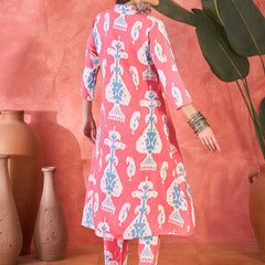 Pink Floral Printed  A-Line Kurta With Trouser Kurta Set