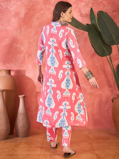 Pink Floral Printed  A-Line Kurta With Trouser Kurta Set